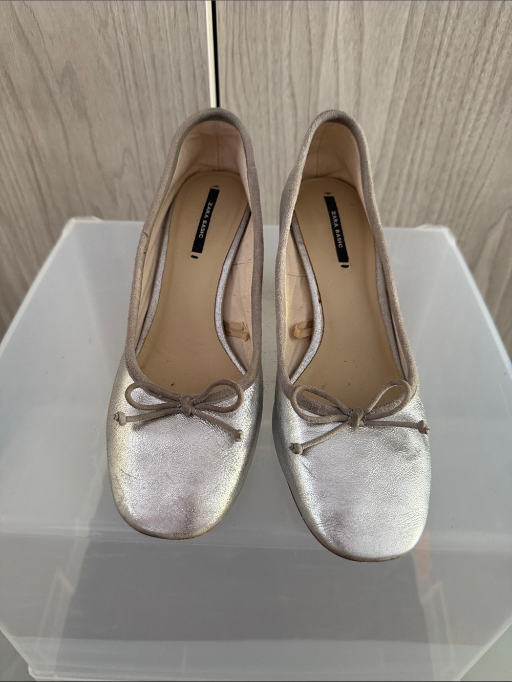 Zara Silver Ballet Flats with Bow Detail
